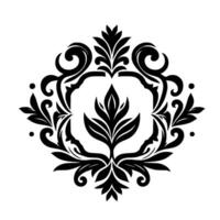 Intricate black damask floral and leafy ornament with scroll elements, symmetrical composition on white background. vector