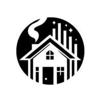 Monochromatic house inside a black circle with chimney smoke and abstract vertical lines, representing home services or real estate. vector