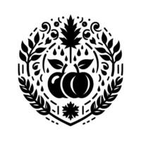 Decorative black and white circular emblem featuring stylized fruit, foliage, raindrops, and ornamental swirls. vector