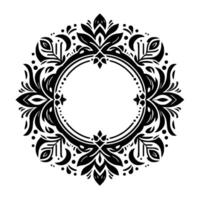 Intricate black and white circular ornamental with floral and leaf motifs, decorative border element on white backdrop. vector
