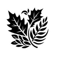 A striking monochrome botanical composition featuring stylized oak, fern, and small leaves intertwined, arranged against a pure white background. vector