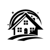 Clean home silhouette of a house, enhanced by an arched design, stars, and a ground line, all in sleek black and white, symbolizing purity. vector
