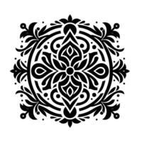 Intricate black and white circular ornamental featuring symmetrical floral and leaf motifs, accented with dots. vector