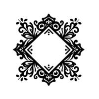 Intricate symmetrical black and white floral design, a diamondshaped blank space at the center, surrounded by decorative, flourishing elements. vector