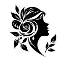 Elegant silhouette a womans profile adorned with floral and leaf motifs, featuring a teardrop earring and flowing black lines, set against a stark white background. vector