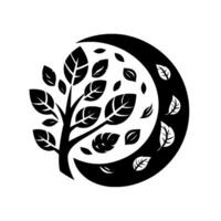 Symbolic black and white composition a tree formed within a crescent moon, featuring detailed leaves vector