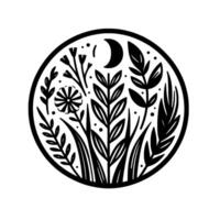 Intricate botanical illustration a monochromatic circular featuring stylized plants, a crescent moon, and a central flower, evoking a sense of nature. vector
