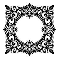 Ornate black white circular frame, intricate floral swirl embellishments, square border, elegant design. vector