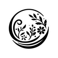 Intricate black white circular floral stylized botanical composition within a decorative frame, showcasing delicate foliage and floral elements. vector