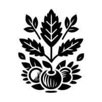 Stylized black and white botanical illustration featuring a central apple flanked by flowers and leaves, arranged symmetrically, and stems ascending into a vibrant foliage design. vector