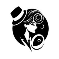 An elegant black and white illustration featuring a woman in profile, adorned with a top hat and a vintageinspired hairstyle within a stylized circular frame, showcasing sophistication. vector