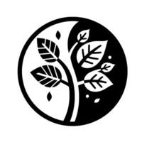 Yin yang tree a minimalist, monochromatic symbol of balance and harmony, featuring a stylized tree with leaves in a yin yang circle, representing duality and the natural world. vector