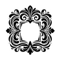 Ornate black and white frame a symmetrical with elegant floral and swirling motifs surrounding a square blank center, perfect for invitations or logos. vector