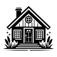 A minimalist black and white illustration of a quaint, charming cottage with a decorative window, flanked by stylized foliage and twinkling stars, evoking a sense of warmth and welcome. vector