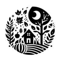 A minimalist blackandwhite illustration depicting an idyllic autumnal scene, featuring a house, tree with moon, and various fall elements arranged in a circular composition. vector