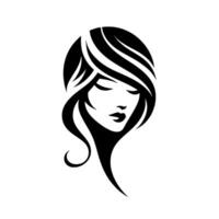Elegant monochrome silhouette of a womans face, featuring flowing hair, closed eyes, and a graceful profile, on a stark white background, exuding serenity. vector