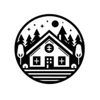 A circular, minimalist illustration depicting a cozy cabin nestled among stylized pine trees, under a starry sky with a moon, evoking a sense of tranquility. vector