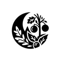 A stylized, minimalist black and white featuring a crescent moon embracing a tree laden with fruit, set amidst stylized foliage. vector