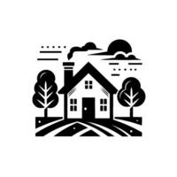 A minimalist black and white illustration featuring a house with smoke, trees, fields and sky, evoking a serene and idyllic rural scene. vector