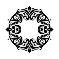 Intricate black and white ornamental circle, featuring flourishes and symmetrical leafy patterns on a blank canvas. vector