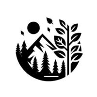 Stylized black and white nature scene depicting mountains, trees, a sun, and leaves in a circular composition. vector
