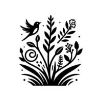 A stylized black and white illustration of a bird in flight amidst a cluster of botanical elements, including leaves, flowers, and grass. vector