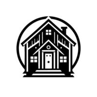 A minimalist black and white emblem of a charming house, framed within a bold circular border, radiating warmth and inviting simplicity. vector