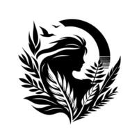 Elegant silhouette a womans profile surrounded by leaves, birds, and a semicircular geometric element, set in a minimalist black and white design, evoking nature and serenity. vector