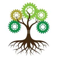 Stylized Tree Icon with Gear Roots and Modern Design Elements vector