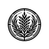 A minimalist black and white circular emblem featuring a stylized symmetrical plant within concentric circles and decorative accents. vector