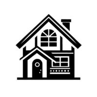 Modern black and white house illustration with architectural elements, chimney, and arched window. vector
