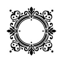 Elegant black and white decorative ornamental frame with floral and swirl elements, circular center. vector