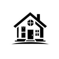 Minimalist black and white house logo, featuring a simple silhouette with a crossshaped window, door, and windows, on a white background. vector