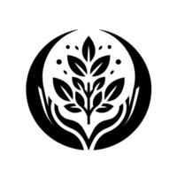 A minimalist black and white featuring a sprouting plant with leaves cradled by cupped hands within a circular frame, symbolizing growth and protection. vector