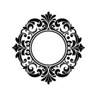 Elegant, symmetrical, black and white floral frame, circular with decorative swirls and leaves. perfect for elegant invitations or logos. vector