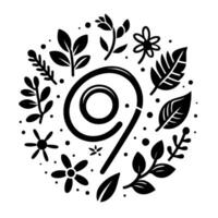Elegant black and white botanical composition, featuring the number intricately surrounded by leaves, flowers, and dots. vector