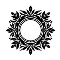 Intricate black and white floral crest a symmetrical, stylized floral with a central circular space, perfect for logos or emblems. the elegant composition features detailed leaves and flourish vector