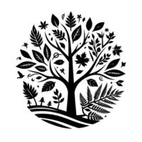 Artistic black and white illustration a stylized tree of life filled with diverse leaf forms, birds and ferns encompassed in a circle. vector