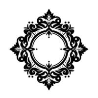 Intricate black and white ornamental frame with floral and scrollwork details, centering a circular empty space, set against a white background. vector
