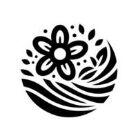 Monochromatic floral illustration a circular featuring a stylized flower, leaves, and organic shapes, arranged in a balanced composition with a minimalist aesthetic. vector