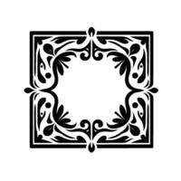 An intricate black and white decorative square frame with floral and scrollwork elements, forming an ornate border. vector