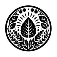 An intricate black and white circular featuring a central leaf radiating light, surrounded by foliage and berries, a symmetrical botanical illustration. vector