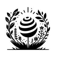 A symmetrical black and white illustration featuring a striped orb with emanating rays, surrounded by stylized plants and foliage within a circular, natural frame. vector