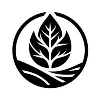 A minimalist black and white featuring a stylized leaf with intricate veins, nestled within a circle, and above a curved line representing soil. vector