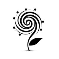 Black and white floral abstraction a stylized flower with a swirling petal design, accented by dots and a simple leaf, presented on a pristine white background. vector