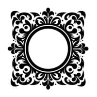 Intricate black and white ornament a symmetrical, squareframed featuring a central, circular space framed by elaborate floral and foliate patterns with delicate details. vector