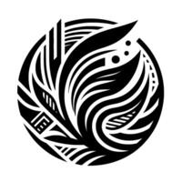 Abstract monochrome featuring stylized, flowing organic shapes and geometric elements within a circular composition on a stark white background. vector