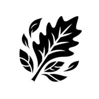 A stylized black and white illustration of an oak leaf with delicate veins, surrounded by smaller leaves in a clean, minimalist style. vector