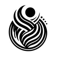 Abstract black white intertwined wavelike forms enclosing a sphere, embellished with dots, set against a white backdrop. vector