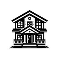 Black and white illustration of a classic twostory house, featuring detailed windows, a porch, and a symmetrical design. vector